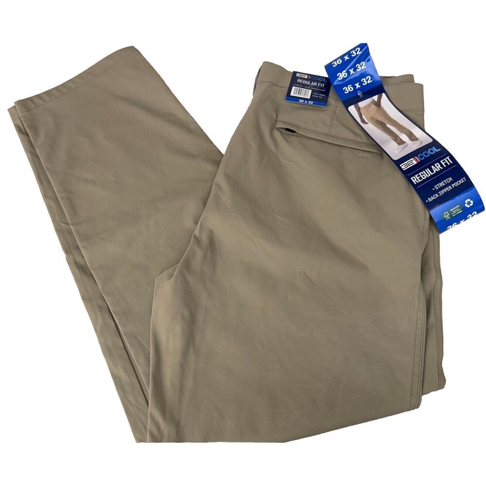 32 Degrees Cool Men's 36x32 Regular Fit Stretch Pants Back Zipper Pocket TAN